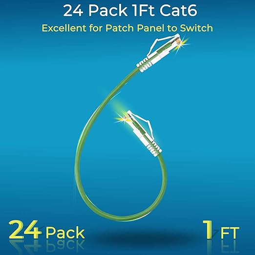 Rapink Patch Cables Cat6/ Cat6a 1ft (24 Pack) Slim, Cat6a Ethernet Patch Cable 10G Support, Snagless Cat 6 Patch Cable for Patch Panel to Switch, Flexiable Cat6 Ethernet Cable Green