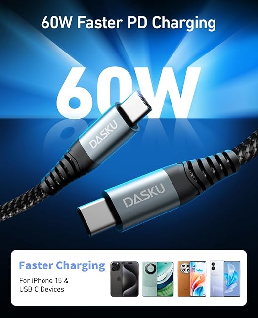 Dasku USB C to USB C Cable, 5 Pack [3/6/6/10/10FT] Charger Cable 60 W Fast Type C Charging Cord for iPhone 16 15 Pro Max Plus Samsung S23 Note 20 iPad Pro Air Mini MacBook LG and More
