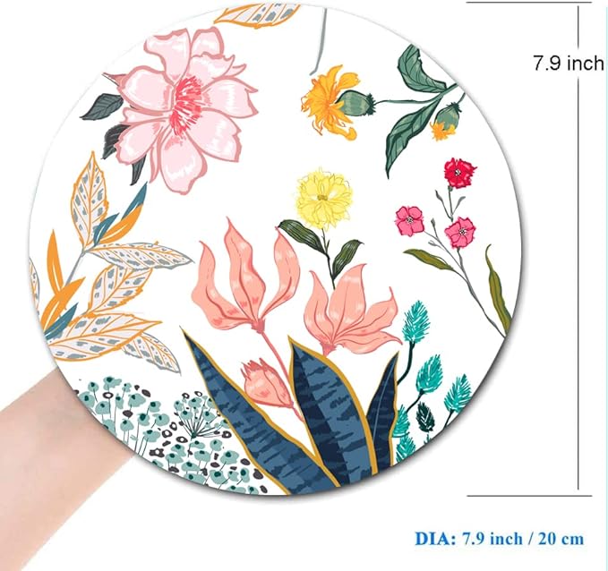 Mouse Pad, Floral Mouse Pad, Round Computer Mouse Mat with Design, Non-Slip Rubber Base Mousepad, Waterproof Office Mouse Pads for Women