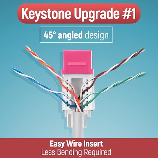 Everest 45° Angled RJ45 Cat6 Keystone Jacks 10-Pack in Pink - Slim Profile Female RJ45 Connectors - Cat 6 Keystone Jack - Compatible with 45° Angled Speed Termination Tool - 45Term (B0BL3GS7ZY)