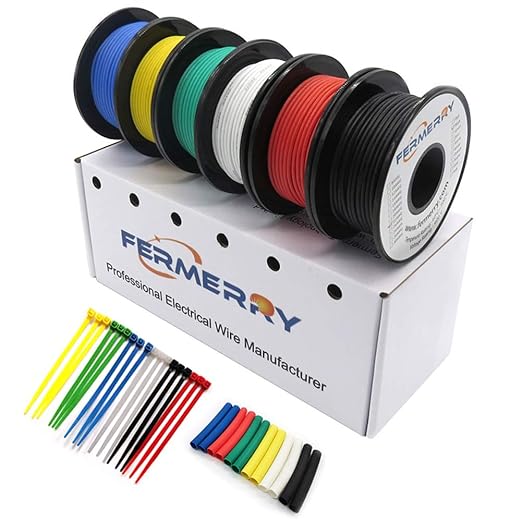 Fermerry 14 AWG Stranded Wire Spool 25ft Each 6 Colors Flexible 14 Gauge Silicone Hook up Wire Kit Electrical Tinned Copper Wire