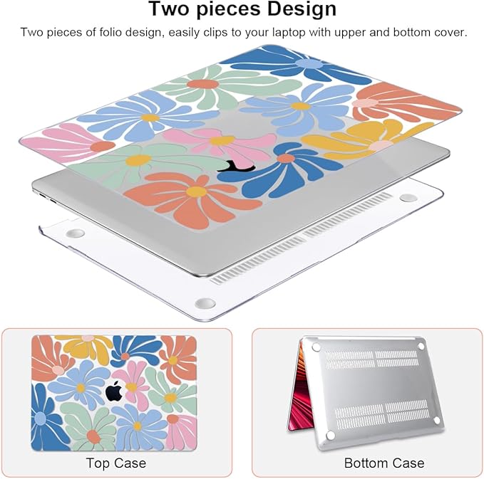 for MacBook Air 13 inch Case 2021 2020 2019 2018 A2337 M1 A2179 A1932 Cover with Touch ID, Crystal Plastic Printed Pattern Hard Shell Case Keyboard Skin Screen Protector, Colorful Flowers