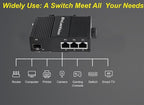 Industrial Mini Gigabit Ethernet Switch 3-Port RJ45 10/100/1000BASE-T+1-Port SFP Slot,Unmanaged Network Switch,Network Hub,Dinrail Mount or Wall-Mount,Plug & Play,Fanless (3 RJ45+1 SFP with PoE)