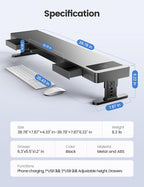 meatanty Dual Monitor Stand with 4 Adjustable Heights, Auto Phone Charging Pad, 4 USB Ports, Computer Riser with Drawers Storage, Metal Double Desk Organizer Lifter Raiser for 2 Monitors Screen Gift