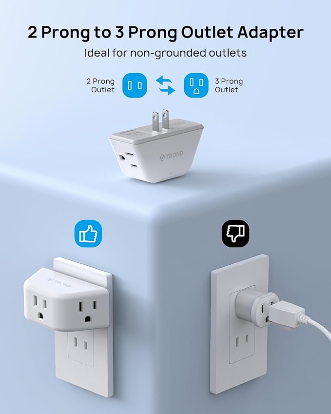 TROND 2 Prong to 3 Prong Outlet Adapter, 3-Way Angled Plug Extender with 3 AC Sockets, Wall Splitter for Non-Grounded Outlets in Old House, Cruise Essentials, White