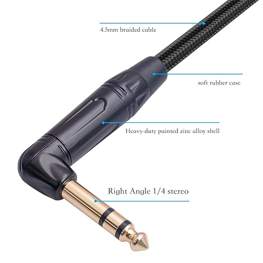 HUAELU 2Pack 3.3FT Right Angle 6.35mm TRS Stereo Male to Female Audio Cable,Right Angle 1/4 TRS Male to Female Stereo Headphone Guitar Extension Cable Cord for Amplifiers,Headphone