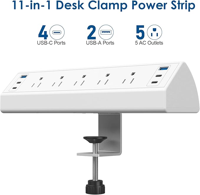 Desk Clamp Power Strip USB C,Under Desk Mount Power Station,20W Fast Charging,Fits 1.9'' Tabletop Edge,Desk Surge Protector,Perfect Home,Office Supplies (White, 5 Outlets & 6 USB Ports & 15 FT Cable)