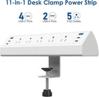 Desk Clamp Power Strip USB C,Under Desk Mount Power Station,20W Fast Charging,Fits 1.9'' Tabletop Edge,Desk Surge Protector,Perfect Home,Office Supplies (White, 5 Outlets & 6 USB Ports & 15 FT Cable)