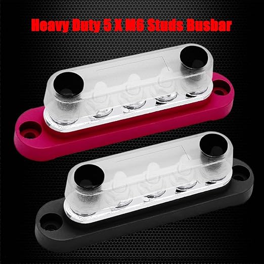 5 x M6 (1/4") Studs Power Distribution Block Bus Bar 12V, Ampper 4.3" 150A Marine BusBar Battery Distribution Block W/Cover for Car Boat Solar (Red & Black)