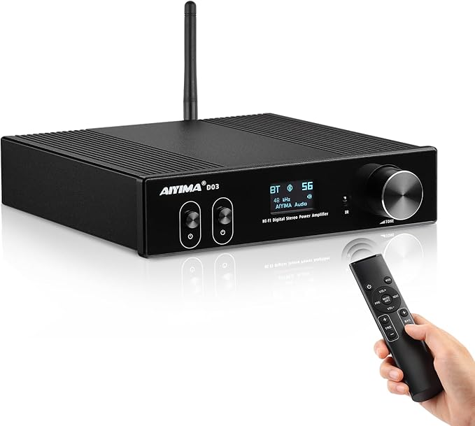 AIYIMA D03 Bluetooth 5.0 DAC Amplifier 150 Watt x 2 Stereo HiFi 2.1 CH Digital Sound Amplificador 24Bit/192kHz Class D Power Amp USB Coaxial Optical OLED AptX, Support Subwoofer & with Remote