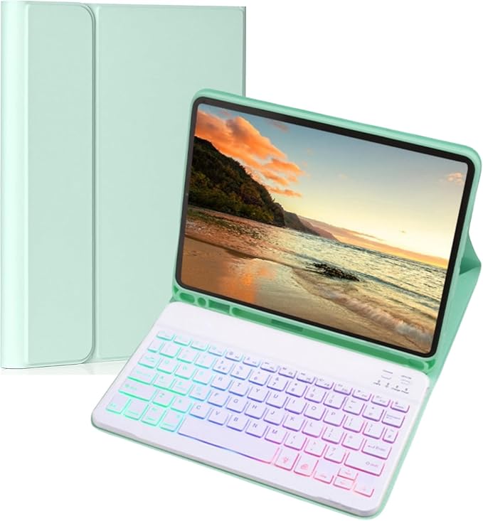 Keyboard Case for Galaxy Tab A9+/A9 Plus 11 Inch 2023, Slim Lightweight 7 Color Rainbow Backlight Detachable Magnetic Bluetooth Keyboard Cover with S Pen Holder,Mint Green