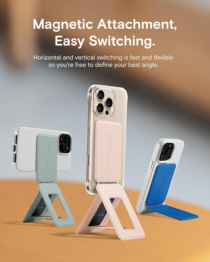 MOFT Phone Stand, Magnetic Phone Tripod Stand Stain-Resistant MOVAS Leather & Angle Adjustment & Strong Magnets Tripod for iPhone 16/15/14/13/12 (Included Metal Ring)-Blush