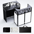 Portable DJ Booth Table,Foldable DJ Table Stand Portable with White & Black Scrim,Adjustable DJ Facade Table Station Triangle Plate Metal Frame DJ Table with Cable Hole for Private Events, Clubs, Bars