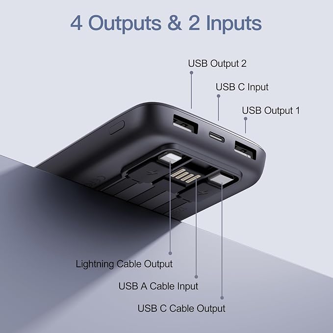 2025 Portable Charger(2pack in 1box) with Built in Cables, 12800mAh Travel Essential Battery Pack, 4 Outputs 2 Inputs Slim Power Bank with Cord Wires Compatible with iPhone,Samsung,Android