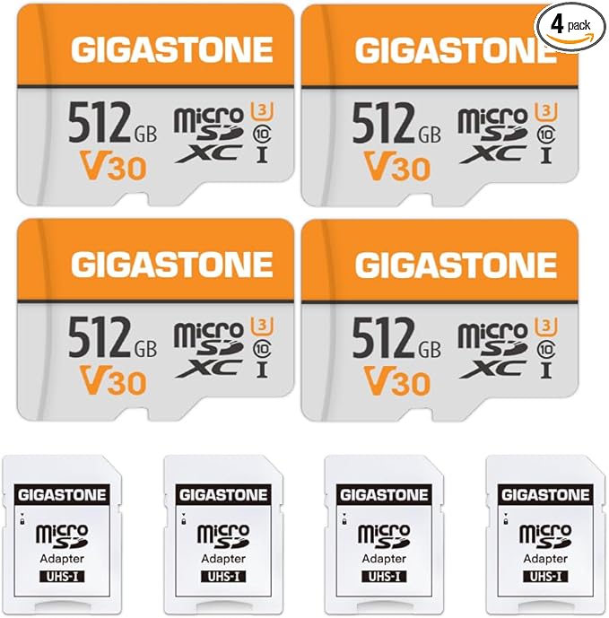 GIGASTONE 512GB Micro SD Card 4-Pack, A1 V30 4K Video Recording, Surveillance, Security Camera, Action Camera, Drone, 100MB/s MicroSDXC Memory Card UHS-I Class 10