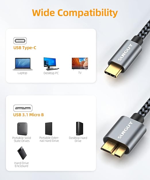 SUNGUY 10Gbps Micro B to USB C Hard Drive Cable 6FT, USB 3.1 USB C to Micro B, High-Speed External Hard Drive USB C Cable for iPhone 16 15 Pro/Pro Max, MacBook Pro/Air, WD Toshiba Westgate Seagate