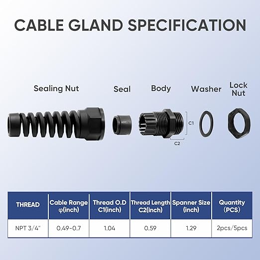 Strain Relief Cord Connector,LISTENJIALE 5Pcs NPT 3/4" Waterproof Cable Gland Flex Spiral Strain Relief Adjustable 12.5-18mm Cable Connector Nylon Joint with Gaskets(Black)