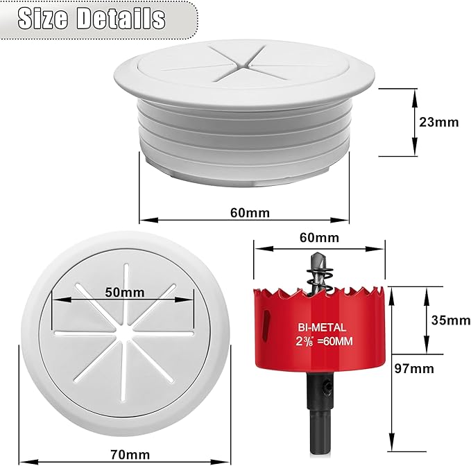 6Pack TV Cord Hider, 2-3/8"(60mm) in Wall Cable Management Kit,Cord Hider for Wall Mounted TV,Behind Wall TV Wire Kit Cable Hider,Includes 2 Pass Throughs and Hole Saw Drill Attachment(White)