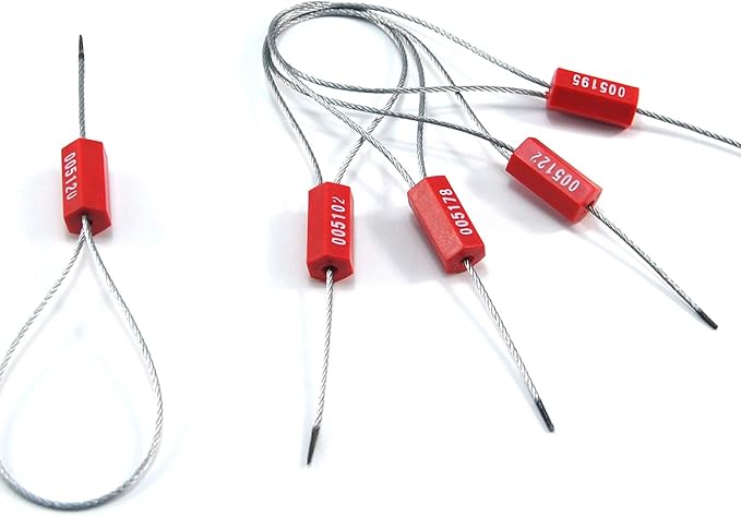 Pull-Tite Steel Security Cable Wire Seals Numbered Anti-Tamper Security Tags (Red, Pack of 50pcs)