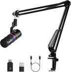 EJoy D10 PRO(A) USB Wireless Gaming Microphone – Boom Arm Mic with Wired/Wireless Modes, XLR/USB-C, Real-Time Monitoring, 45H Battery, RGB Dynamic Mic for Gaming, Streaming, Podcast, Recording (Black)