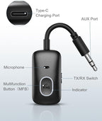 Upgraded Aux Bluetooth Adapter for Car, 2 in 1 Bluetooth 5.3 Transmitter Receiver, Hands-Free Calls, 180° Swivel Bend, Wireless Audio Receiver for Car, Speakers, Home Stereo