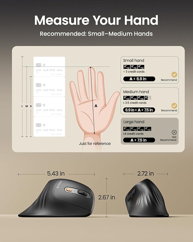 ProtoArc Ergonomic Vertical Mouse, EM11 NL Rechargeable Wireless Mouse Bluetooth, Ergo Mice with 3 Multi-Device for PC/Notebook/Laptop, 2.4GHz Optical Mice for Windows, Mac OS, Gray