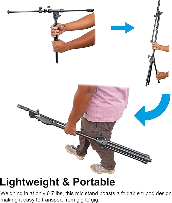 Rockville RVMIC3 V2 Portable Adjustable Tripod Boom Mic Stand for Singers & Musicians, Quick Release Clutch, Sturdy All-Metal, 25"-46.5" Telescopic Boom, Foldable, 6.7 lbs