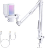 FEELWORLD VM1 White Gaming PC USB Microphone Condenser Mic with Noise Cancellation Mute RGB Light, Computer Accessories Gifts for Gamer YouTube Twitch Podcast Streaming Recording Online Chat PS4 PS5