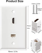 HDMI Ethernet Wall Plate - 1 Port 4K HDMI Keystone to Female, 1 Port CAT6 Keystone to Female - White