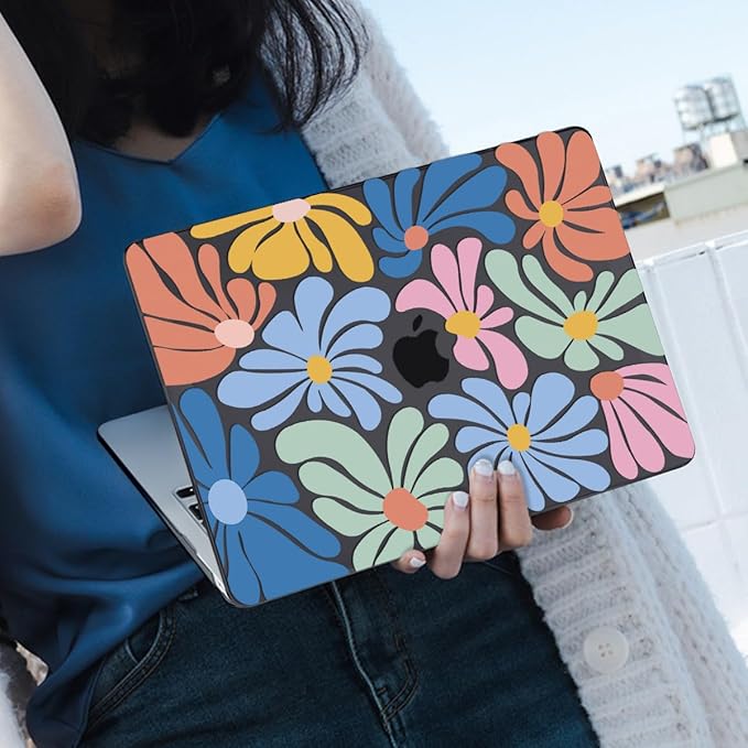 Compatible with 2021 2020 2019 2018 MacBook Air 13 inch Case M1 A2337 A2179 A1932 Touch ID, Crystal Printed Pattern Plastic Hard Shell Case for Mac Air 13 M1 2021, Colorful Flowers Black