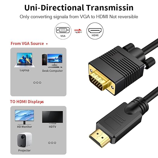 VGA (Sources) to HDMI (Display) Cable 6ft with Audio, VGA Maleto HDMI Male Converter Cord Adapter Cable Compatible Witch Computer/Laptop to Monitor/TV, Desktop Laptop Projector to Monitor HDTV
