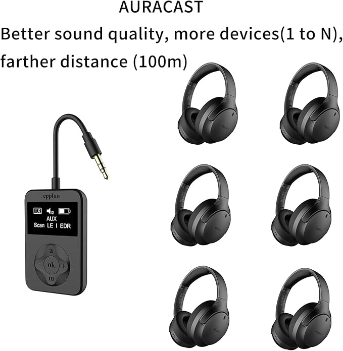 eppfun Bluetooth Auracast Transmitter, LC3, AptX Lossless, AptX HD, USBC/3.5mm Aux Inputs, Bluetooth 5.4, Qualcomm Chip, for TV, PC,Airplane,Phones