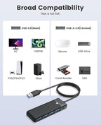 ORICO USB 3.0 Hub, 4-Port USB Hub with Long Cable, Ultra Slim USB Splitter for Laptop MacBook Pro, iMac, Surface Pro, XPS, PS5，PC, Flash Drive, Mobile HDD (Black/6ft)