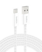 Belkin USB A to USB C Cable, 9.9ft, 15W - Type C Charger, iPhone Charger Cord, Soft, Braided, Flexible for iPhone 16 & 15, Galaxy S25, Pixel 9, iPad Pro, Airpods Pro, Switch & More - White