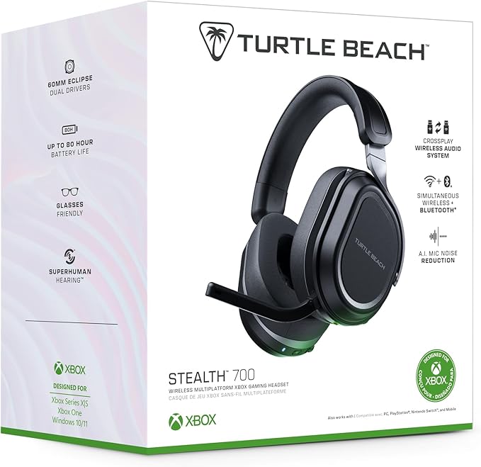 Turtle Beach Stealth 700 Gen 3 Wireless Multiplatform Amplified Gaming Headset for Xbox Series X|S, Xbox One, PC, PS5, Mobile – 60mm Drivers, AI Noise-Cancelling Mic, Bluetooth, 80-Hr Battery – Black