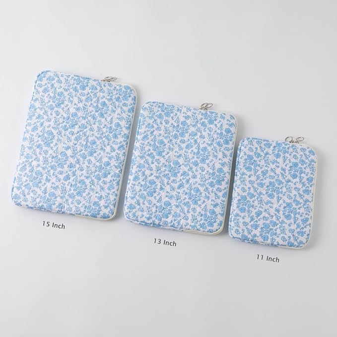 Puffy Laptop Sleeve 13-15.6 Inch Cute Quilted Laptop Protective Case Padded Floral Computer Sleeve for MacBook (B-Blue, 15 Inch)