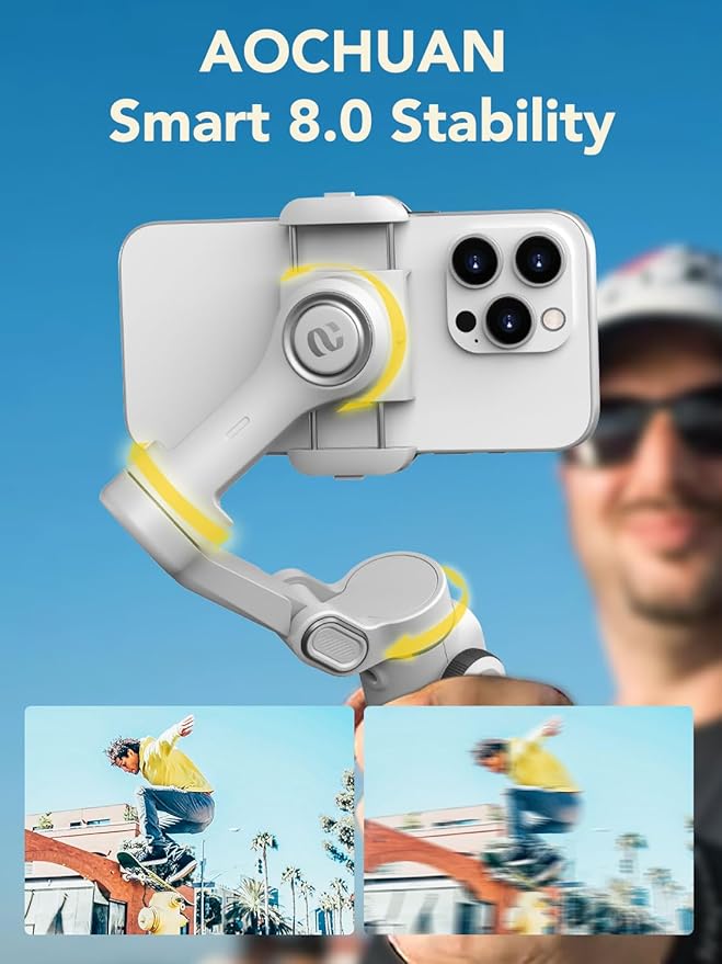 Smart X2 Gimbal Stabilizer for iPhone, Built-in 20cm Extension Rod, 3-axis Handheld Smartphone Gimbal, Foldable Phone Tracking Tripod Selfie Stick w/OLED Display, Video Recording, White