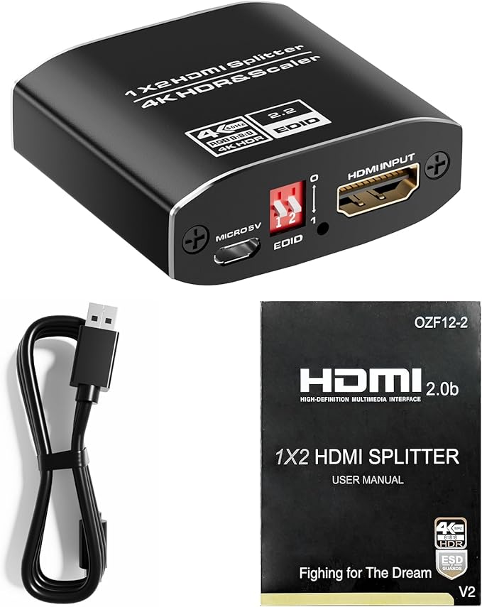1x2 HDMI Splitter, HDR 4K@60Hz HDMI spliter 1 in 2 Out, Supports HDMI 2.0, HDCP 2.2, Mirror Screen Monitors Supports EDID Control for Xbox PS3/4/5 PC DVD Fire Stick Blu-Ray Player TV