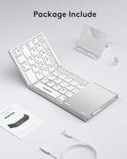 Samsers Multi-Device Foldable Bluetooth Keyboard with Touchpad, Rechargeable Dual-Mode(2.4G+BTx2) Wireless Keyboard with Holder, Portable Folding Keyboards for Android Windows iOS Mac OS - Silver