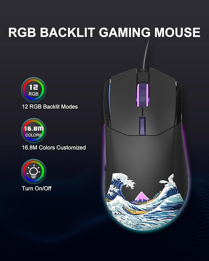 COSTOM Womier G705 USB Wired Gaming Mouse for PC Computer Windows Mac Laptop, Lightweight Silent RGB Backlit Mouse with Adjustable 12000DPI/7 Programmable Side Buttons,Black Kanagawa Theme