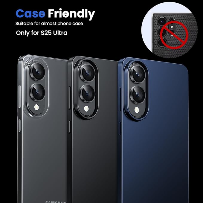 WSKEN for Samsung Galaxy S25 Edge Camera Lens Protector - Edge Thin Case Friendly, 9H Shatterproof Tempered Glass with Aluminum Metal Circle Camera Screen Protector Cover Accessories, Black