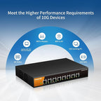 8 Port 10G Ethernet Switch Unmanaged, 8X 10G RJ45 Ports Support 10G/5G/2.5G/1000M/100M Auto-Negotiation, 160Gbps Switching Capacity, Desketop or Rackmountable Plug and Play Network Switch
