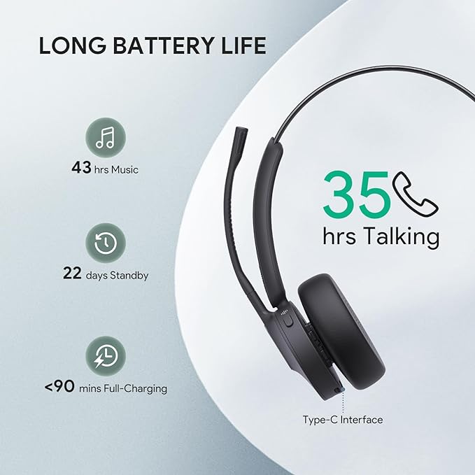 Yealink BH70 with Stand Wireless Bluetooth Headset with Microphone for Work, up to 35h Talking Battery Life, 3 Noise Cancellation Mics, Teams Certified, ≤90min Fast Charging, NO Power Adapter Needed