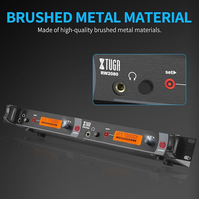 XTUGA RW2080 Wireless in Ear Monitor System 4 Bodypacks UHF IEM System, Dual Channel Mono Design Stage Monitors Earphone with 40 Frequencies, 300Ft for Band, Studio or Musicians, 902-928mhz