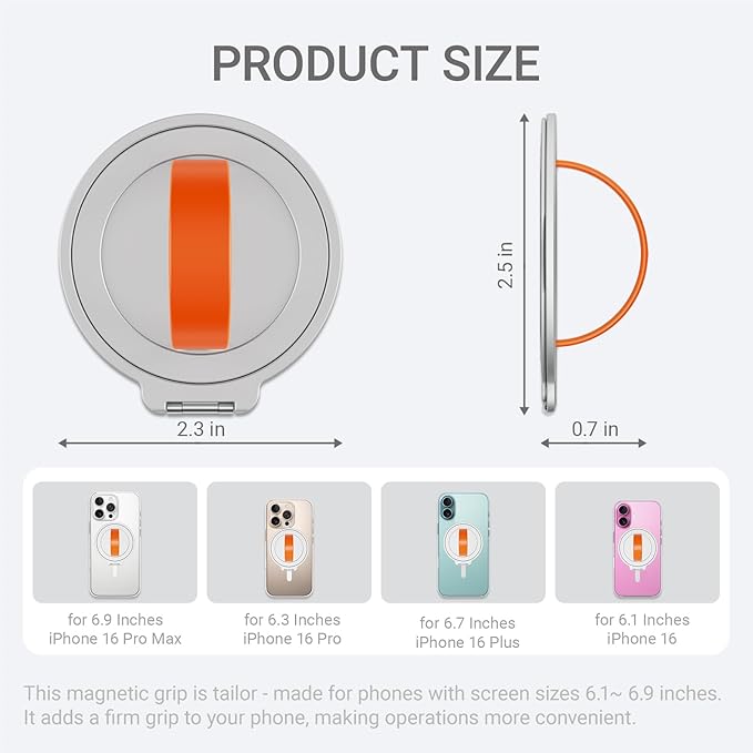 Grat 3 Upgraded Magnetic Phone Grip Stand, 360° Rotatable Silicone Strap Phone Loop Holder, Detachable Ring Kickstand Compatible with Magsafe iPhone 16 15 14 13 12 Pro/max, Silver