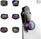 Universal 7-in-1 Mobile Phone Camera Lens Kit, Funny Cell Phone Lens for iPhone, for Samsung, for Android Smartphone, Universal Clip on Wide Angle+Macro+ Fish Eye Camera Lenses attachments Accessory