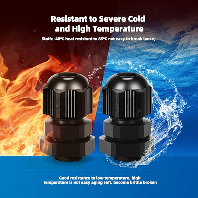 Cable Gland 20 Pack Plastic Waterproof Adjustable Connector 3-7mm PG7 Strain Relief Cord Connectors Joints Nylon with Gaskets