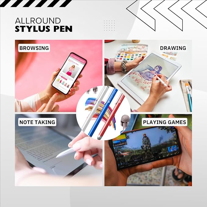 The Friendly Swede Mesh Tip Stylus Pen for Touchscreen — 3-Pack Micro-Knit Capacitive Stylus Pen for iPad & iPhone with 3 Replaceable Fiber Tips, Elastic Lanyards & Screen Cleaning Cloth