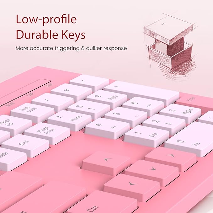 Computer Keyboard Wired, Plug Play USB Keyboard, Low Profile Chiclet Keys, Large Number Pad, Caps Indicators, Foldable Stands, Spill-Resistant, Anti-Wear Letters for PC Laptop (Rose Pink, 1-Pack)
