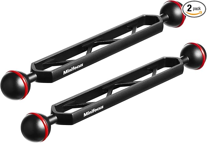 MINIFOCUS 8" Double Aluminum Extension Arm, 1" Ball Head Connector Underwater CNC Arm System Ball Head Extension for Strobe/Video Light/Diving Camera Tray, Waterproof and Rustproof (2pack)